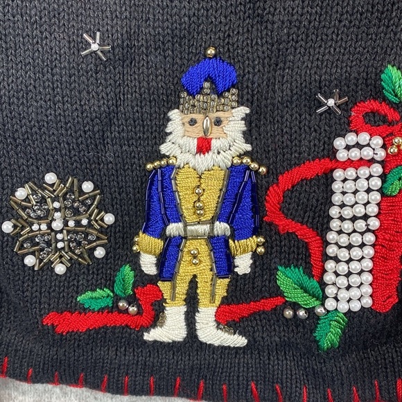 Vtg Victoria Jones Christmas cardigan M zipper beading & embroidery festive - Picture 4 of 11